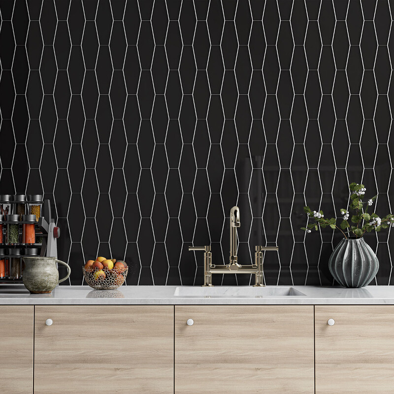 Black Glossy Longest Hexagon Ceramic Tiles 3×7 7/8