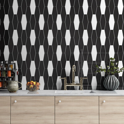 Black Glossy Longest Hexagon Ceramic Tile 3×7 7/8 (DC00358) Royal White Glossy Longest Hexagon Ceramic Tile 3×7 7/8 (DC00117)