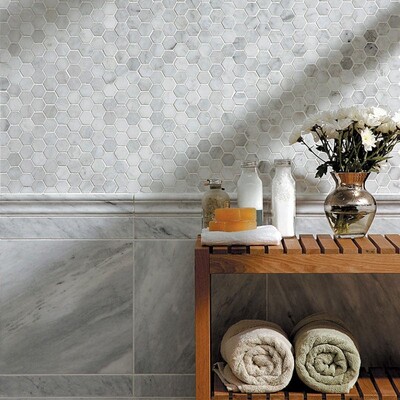 Avenza Honed Hexagon Marble Mosaic 10 3/8×12 (MS00482) Avenza Honed Andorra Marble Moldings 2×12 (ML00416) Avenza Honed Marble Tile 12×12 (TL12765)