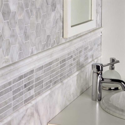 Avenza Honed Hexagon Marble Mosaic 10 3/8×12 (MS00482) Avenza Honed Pencil Liner Marble Moldings 1/2×12 (ML00415) Avenza Honed Andorra Marble Moldings 2×12 (ML00416) Avenza Honed 5/8×3 Marble Mosaic 12×12 (MS01160)
