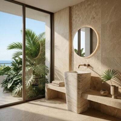 Ivory Honed Hexagon 2 Travertine Mosaics 10 3/8×12 (MS00706) Room Scene Image