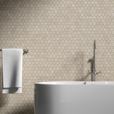 Ivory Honed Filled Hexagon Travertine Mosaic 10 3/8×12 (MS00706)