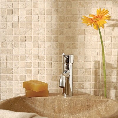 Ivory Tumbled 1×1 Travertine Mosaic 12×12 (MS01004)