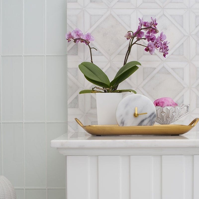 Snow White, Avalon Multi Finish Kent Marble Mosaics 13 9/16×13 9/16