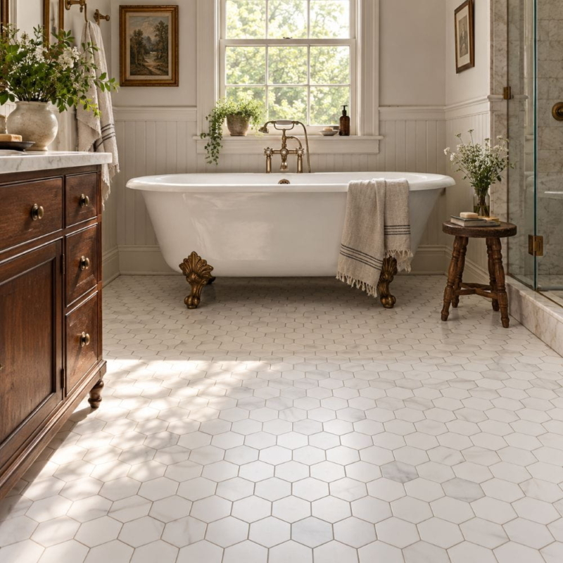 Bianco Dolomiti Classic Honed Hexagon Marble Mosaics 10 3/8×12 (MS01645)