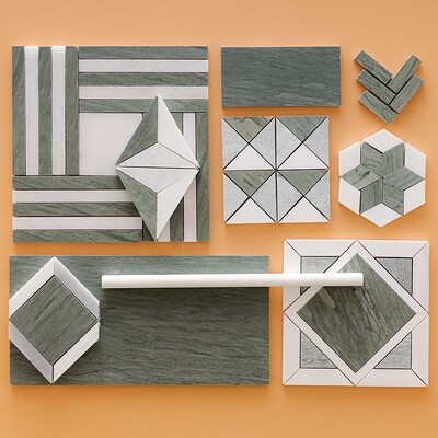 Verde Capri, Snow White Multi Finish Stars Marble Mosaic 14 3/16×14 15/16 (MS01784) Verde Capri, Snow White, Avenza Honed Diamond 3d Marble Mosaic 15 3/8×13 3/4 (MS01787) Verde Capri Honed Marble Tile 2 3/4×5 1/2 (TL18044)