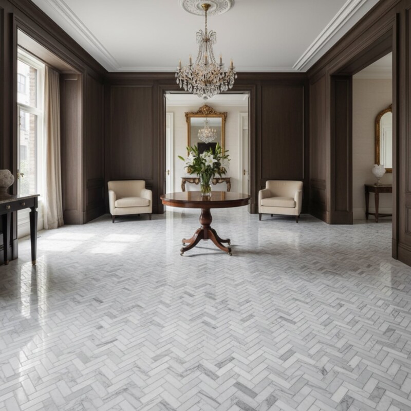 Frost White Honed Herringbone 5/8×2 Marble Mosaics 12 1/8×13 3/8