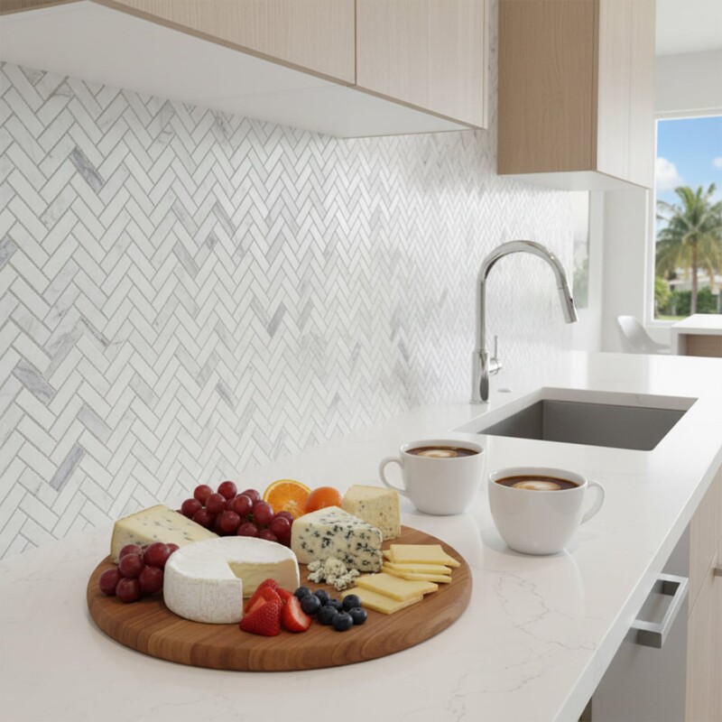 Frost White Honed Herringbone 5/8×2 Marble Mosaics 12 1/8×13 3/8