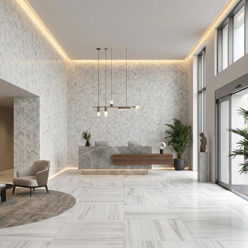 Frost White Honed Herringbone 5/8×2 Marble Mosaics 12 1/8×13 3/8