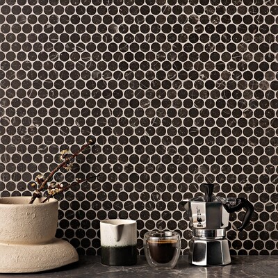 Iris Black Honed Penny Round Marble Mosaic 11 1/4×11 3/4 (MS01913)