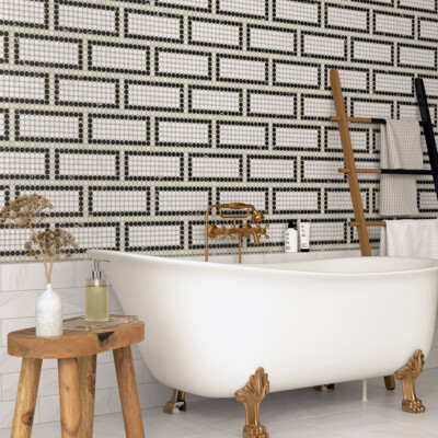 Black, Britannia, Snow White Honed Penny Round Offset 1 Limestone Mosaic 12×12 (MS01920)