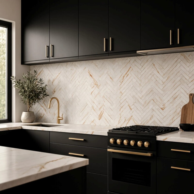 Calacatta Amber Honed Large Herringbone Marble Mosaics 12 7/8×9 11/32
