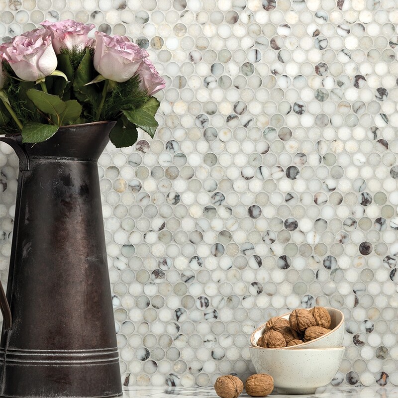 Calacatta Viola Honed Penny Round Marble Mosaics 11 1/4×11 3/4