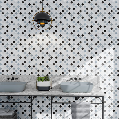 Allure L, Iris Black, Bianco Dolomiti Cl Honed Louna Marble Mosaic 12×12 (MS02192)