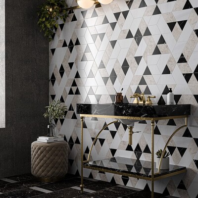 Snow White, Black, Silver Shadow Honed Prismatic Blend Marble Mosaic 8×9 1/16 (MS02208)