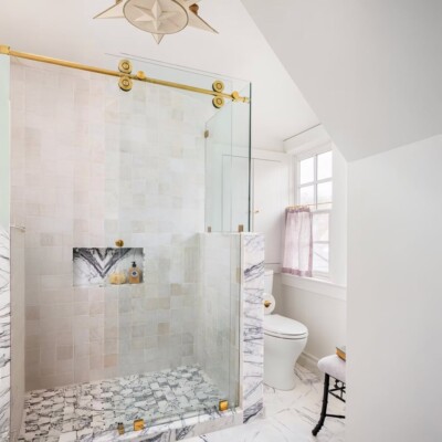 Lilac Honed Pinwheel Marble Mosaics 10 5/8×10 5/8 (MS02229) Lilac Honed Marble Tiles 12×24 (TL19127) Room Scene Image