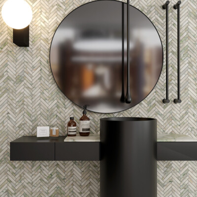 Calacatta Green Honed Herringbone 5/8×3 Marble Mosaic 10 7/16×12 13/16 (MS02231)