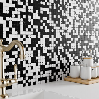 Black, Snow White Honed Othello Marble Mosaic 12×12 (MS02258)