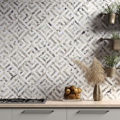 Calacatta Picasso, Snow White Honed Ponte Marble Mosaic 14 5/16×14 5/16 (MS02569)