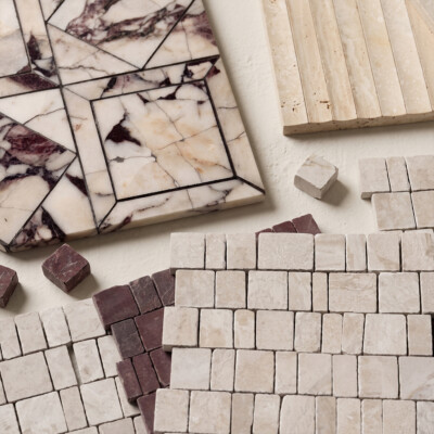 Ivory Unfilled Ion Travertine Mosaics 12×12 (MS02605) Diana Royal Honed Scarpa Rough Cut Marble Mosaics (MS02846) Red Bordeaux Honed Scarpa Rough Cut Marble Mosaics (MS02843) Calacatta Viola Honed Palazzo Li Antica Marble Mosaics 12×12 (MS60016) Room Scene Image