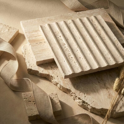 Ivory Unfilled Ion Travertine Mosaics 12×12 (MS02605) Ivory Tumbled Travertine Tiles 6×6 (TL10369)