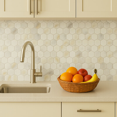 Calacatta Renaissance Honed Hexagon Marble Mosaic 10 3/8×12 (MS02719)