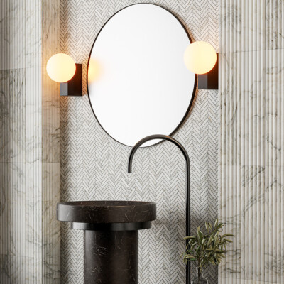 Calacatta Renaissance Honed Herringbone 5/8×3 Marble Mosaic 10 7/16×12 13/16 (MS02720) Calacatta Renaissance Honed Flute Trim Marble Accent Tiles 6×24 (ML01152)