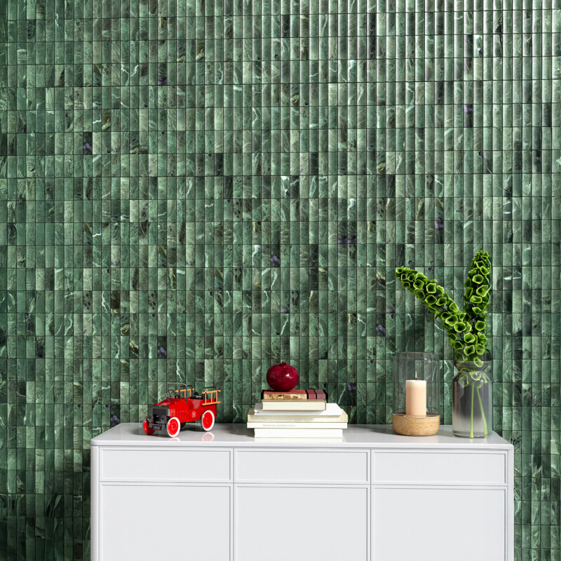 Verde Tia Honed Mini Ion 1 1/4×3 Marble Mosaics 12×12