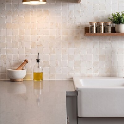 Calacatta Amber Honed Scarpa Rough Cut Marble Mosaics 12×12 (MS02841) Room Scene Image