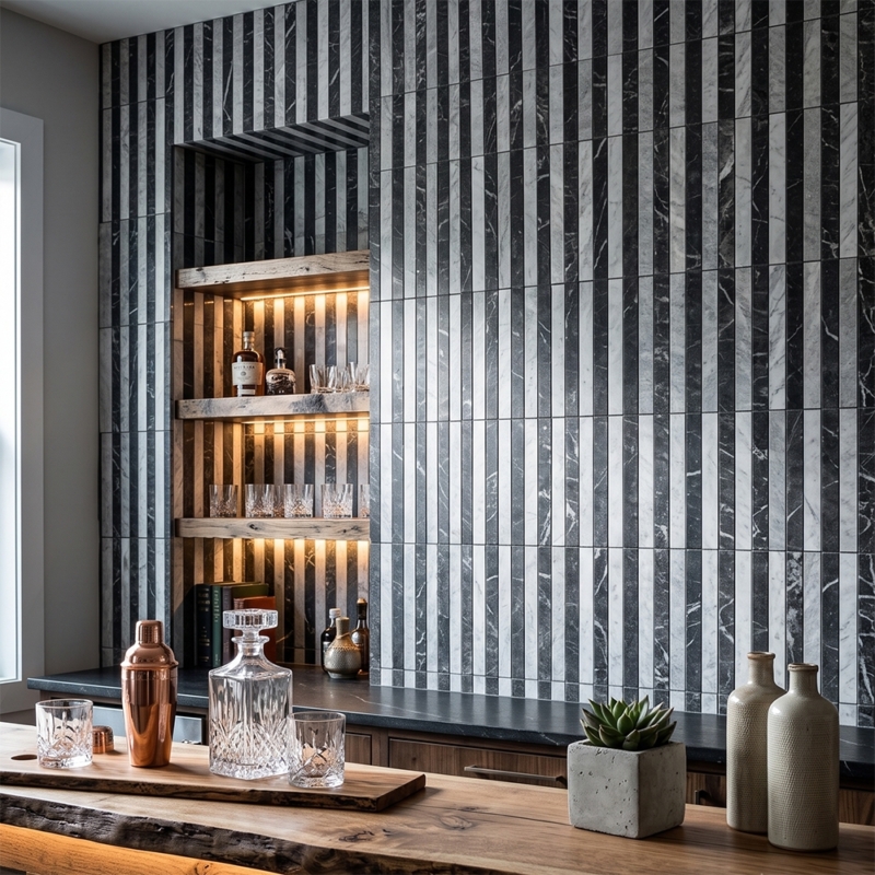 Iris Black,Avalanche Honed Mod Stripes Marble Mosaics 12×12 (MS02897)