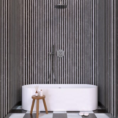 Avalanche, Iris Black Honed Mod Stripes Marble Mosaics 12×12 (MS02897) Room Scene Image