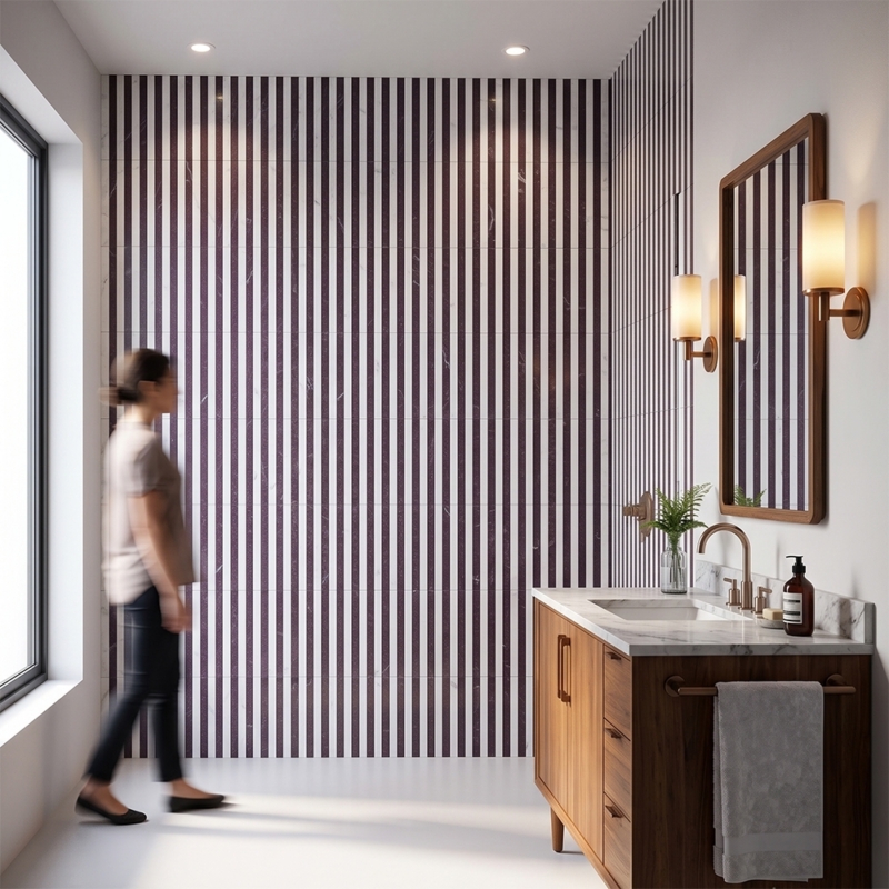 Snow White,Aegean Red Honed Mod Stripes Marble Mosaics 12×12 (MS02899)
