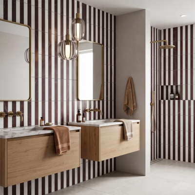 Snow White,Aegean Red Honed Mod Stripes Marble Mosaics 12×12 (MS02899)
