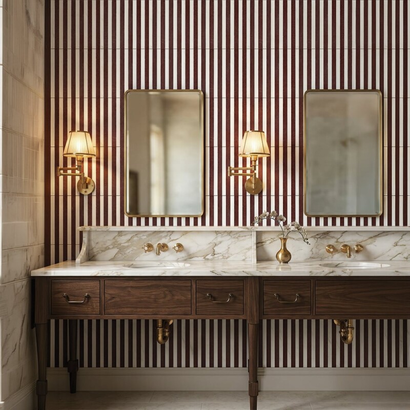Snow White, Aegean Red Honed Mod Stripes Marble Mosaics 12×12