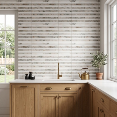 Snow White,Calacatta Green Honed Mod Stripes Marble Mosaics 12×12 (MS02900)