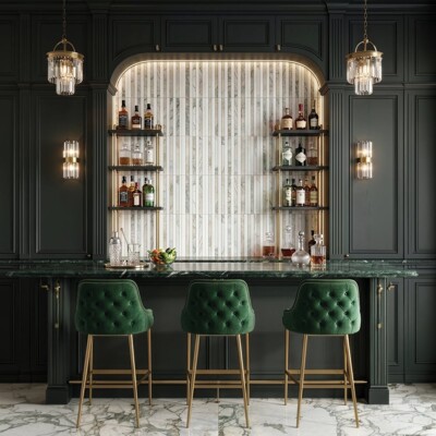 Calacatta Green, Snow White Honed Mod Stripes Marble Mosaics 12×12 (MS02900) Room Scene Image