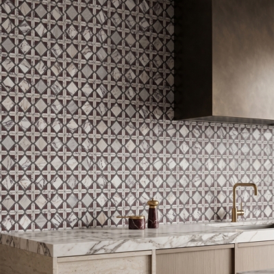 Iris Black,Calacatta Picasso,Aegean Red Honed Kent Marble Mosaics 13 9/16×13 9/16 (MS02927)