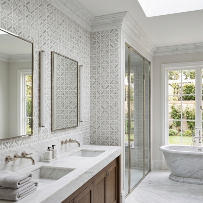 Snow White,Calacatta Green Honed Ponte Basket Marble Mosaics 14 3/4×14 3/4 (MS02936)