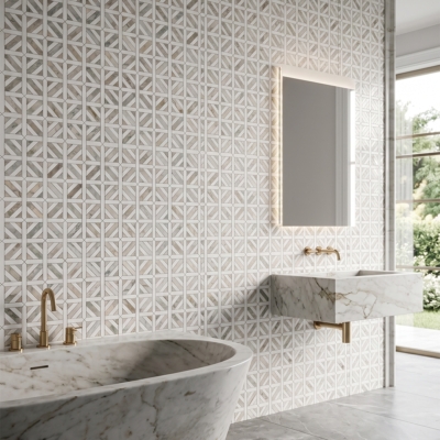 Snow White,Calacatta Green Honed Ponte Basket Marble Mosaics 14 3/4×14 3/4 (MS02936)