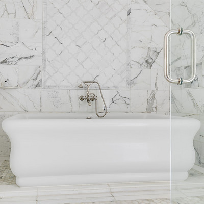 Calacatta Gold Polished Hexagon Marble Mosaic 12×12 (MS90098) Calacatta Gold Polished Andorra Marble Moldings 2×12 (ML90065) Calacatta Gold Extra Polished Marble Tile 12×24 (TL90460)