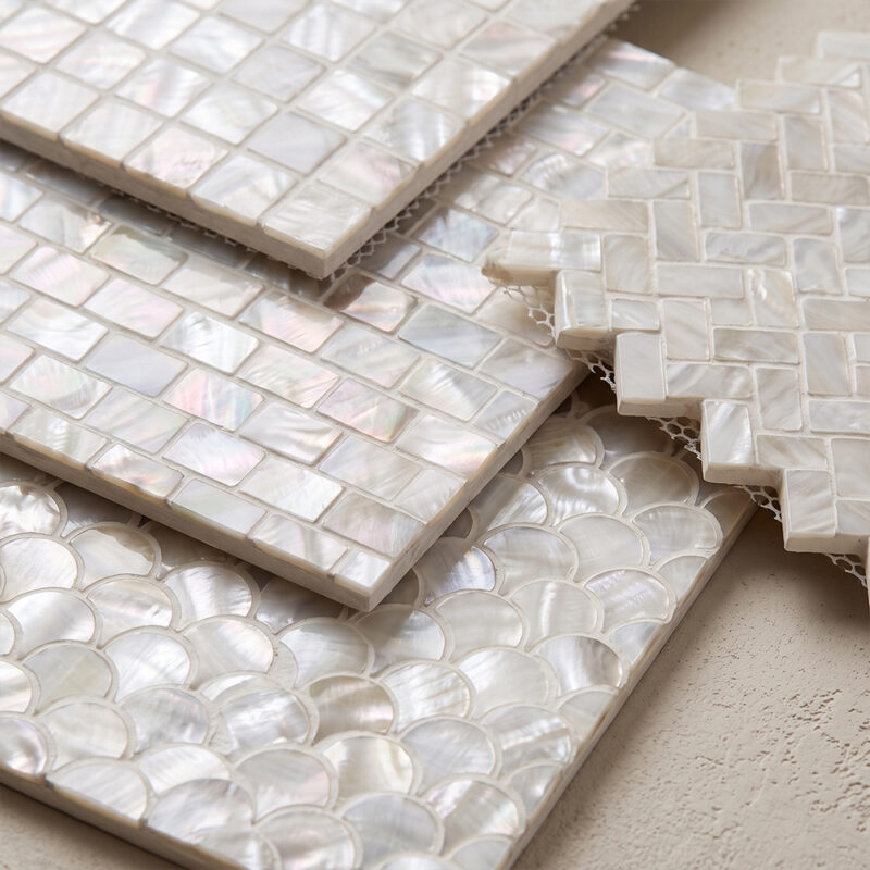 Mother Of Pearl Polished 3/5×1 Mini Staggered Iridescent Shell Mosaics 12×12 (MS90308) Mother Of Pearl Polished 5/8×1 1/4 Herringbone Iridescent Shell Mosaics 10 5/8×11 7/32 (MS90306) Mother Of Pearl Polished Scallop Iridescent Shell Mosaics 12×12 (MS90307) Mother Of Pearl Polished 1×1 Iridescent Shell Mosaics 12×12 (MS90309)