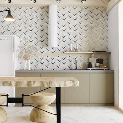 Calacatta Gold Honed Cheval Marble Mosaics 16 5/16×16 9/16 (NW00166) Room Scene Image