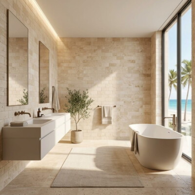 Ivory Tumbled Subway Travertine Tiles 3×6 (TL10065) Room Scene Image