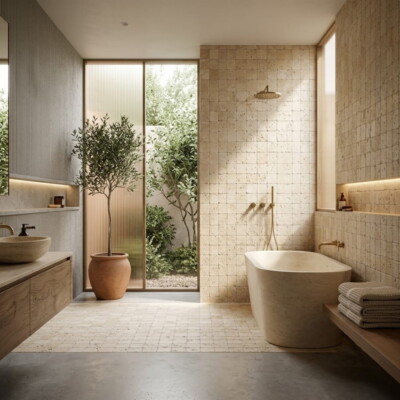 Ivory Tumbled Travertine Tiles 4×4 (TL10367) Room Scene Image
