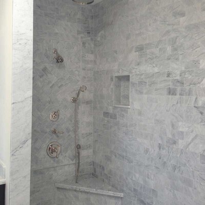 Avenza Honed Marble Tile 2 3/4×5 1/2 (TL12792) Avenza Honed Marble Slab Random 1 1/4 (SL10815) Avenza Honed Pencil Liner Marble Moldings 1/2×12 (ML00415)