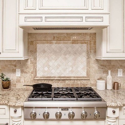 Paradise Polished Marble Tile 2 3/4×5 1/2 (TL13905) Diana Royal Honed 2×2 Marble Mosaic 12×12 (MS00956) Diana Royal Honed Andorra Marble Moldings 2×12 (ML00589)
