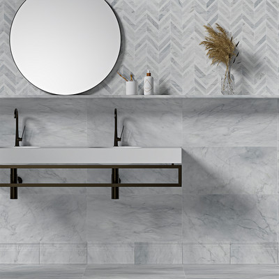 Avenza Honed Marble Tile 12×24 (TL16748) Avenza Honed Base Marble Moldings 5 1/16×12 (ML00714) Avenza, Aspen White Multi Finish Chevron Fusion Marble Mosaic 16×11 7/8 (NW00046)