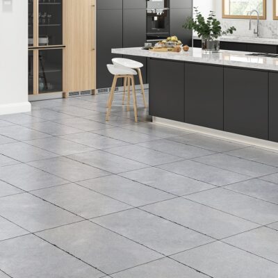 Gray chiseled marble tile floor for restaurant kitchen