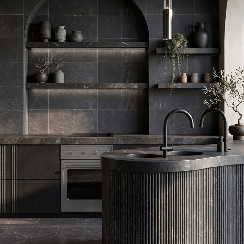 Iris Black Brushed Marble Tiles 8×8 (TL18138) Iris Black Honed Thin Fluted Marble Accent Tiles 4×18 (ML01021)
