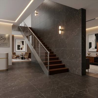 Imagem de ambiente com ladrilhos de mármore escovado Iris Black 16×24 (TL18139)
